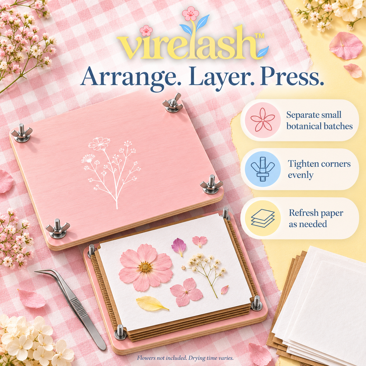 virelash™ PetalLedger Wooden Flower Press Kit — 6 × 8-Inch, 5-Layer Botanical Press for Dried Flowers, Leaves & DIY Crafts