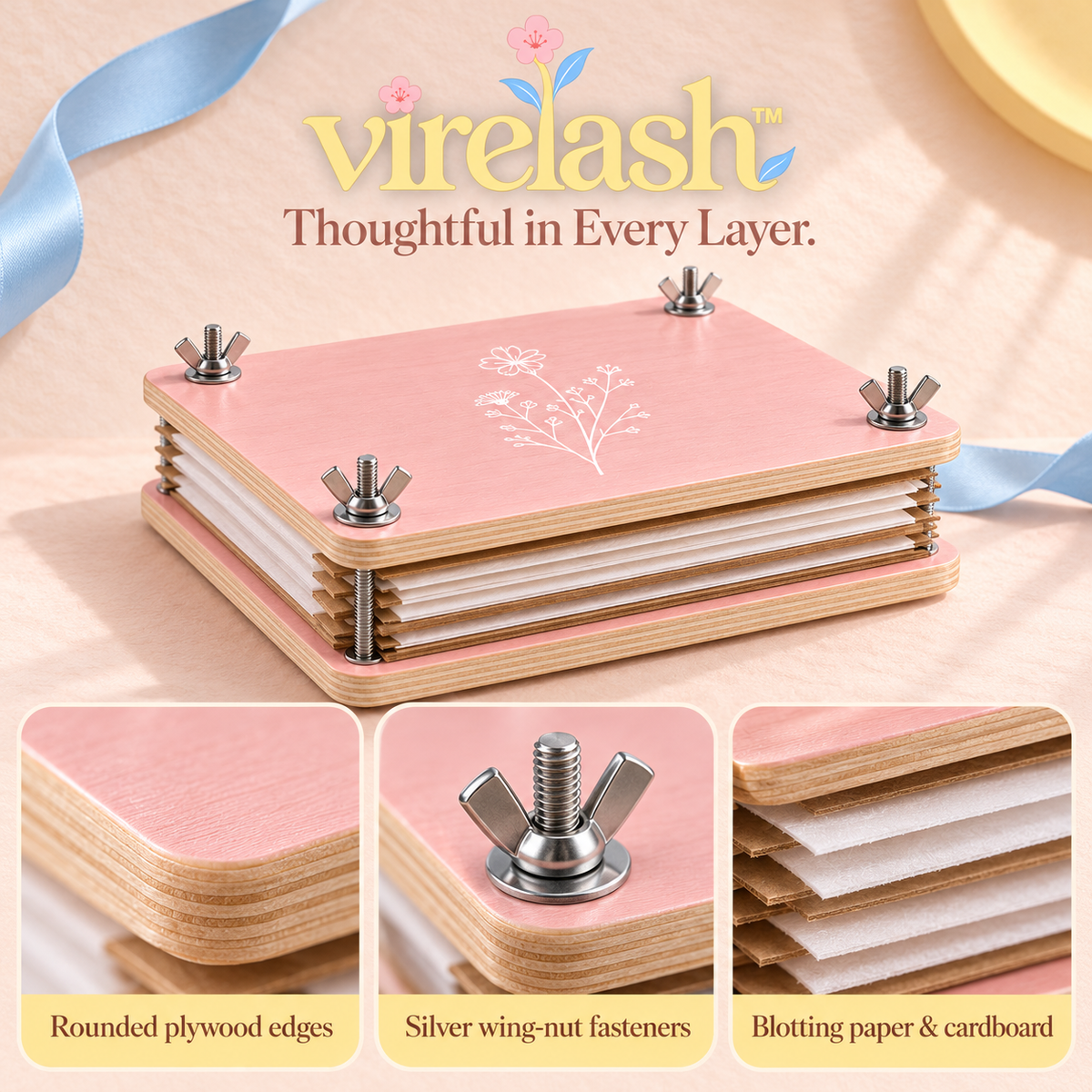 virelash™ PetalLedger Wooden Flower Press Kit — 6 × 8-Inch, 5-Layer Botanical Press for Dried Flowers, Leaves & DIY Crafts
