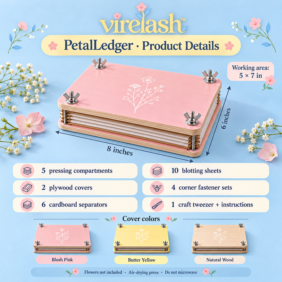 virelash™ PetalLedger Wooden Flower Press Kit — 6 × 8-Inch, 5-Layer Botanical Press for Dried Flowers, Leaves & DIY Crafts