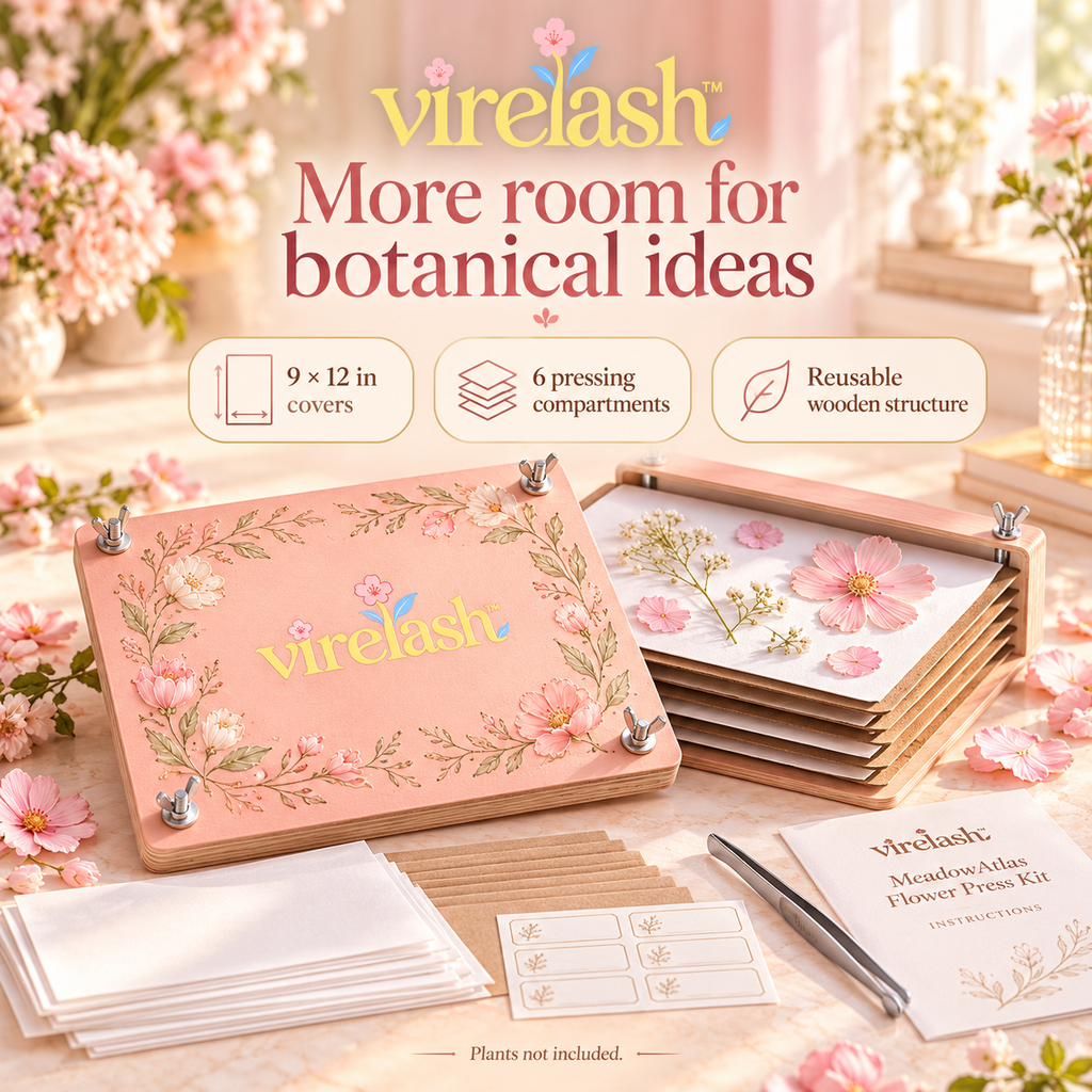 virelash™ MeadowAtlas Large Flower Press Kit — 9 × 12-Inch, 6-Layer Wooden Plant Press for Ferns, Flowers & Botanical Art