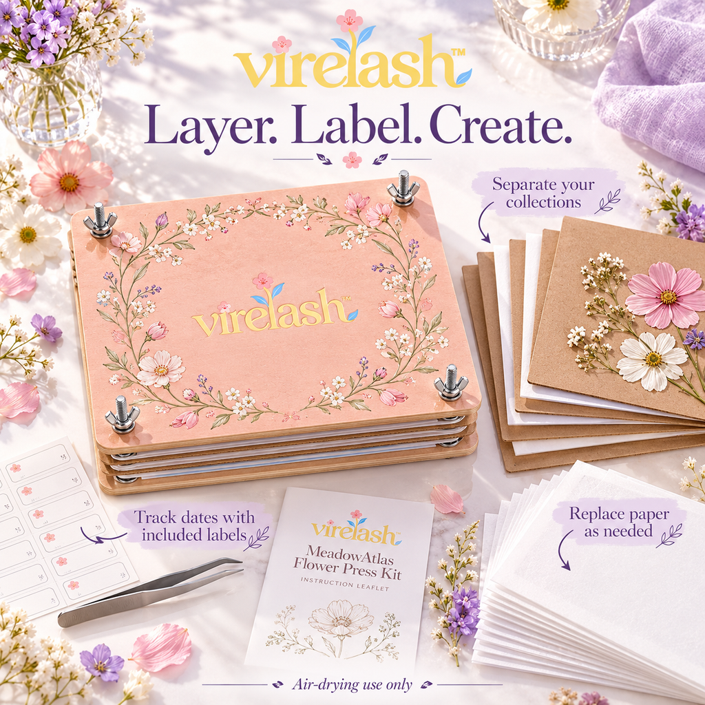 virelash™ MeadowAtlas Large Flower Press Kit — 9 × 12-Inch, 6-Layer Wooden Plant Press for Ferns, Flowers & Botanical Art