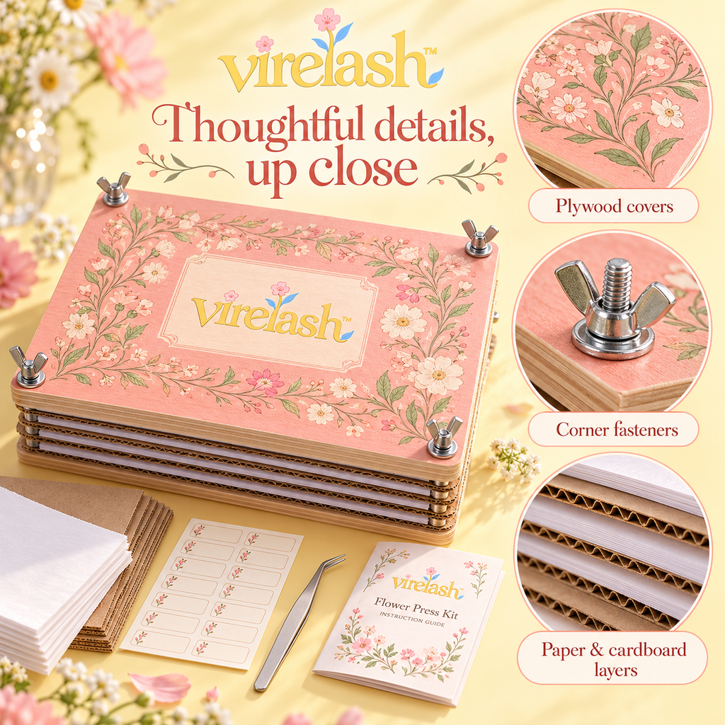 virelash™ MeadowAtlas Large Flower Press Kit — 9 × 12-Inch, 6-Layer Wooden Plant Press for Ferns, Flowers & Botanical Art