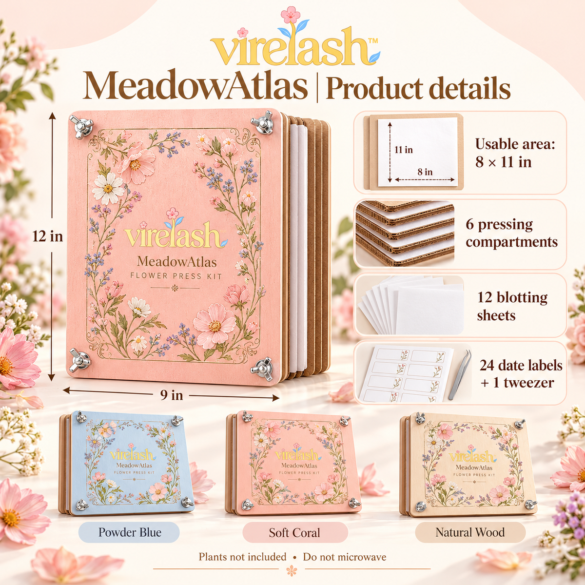 virelash™ MeadowAtlas Large Flower Press Kit — 9 × 12-Inch, 6-Layer Wooden Plant Press for Ferns, Flowers & Botanical Art