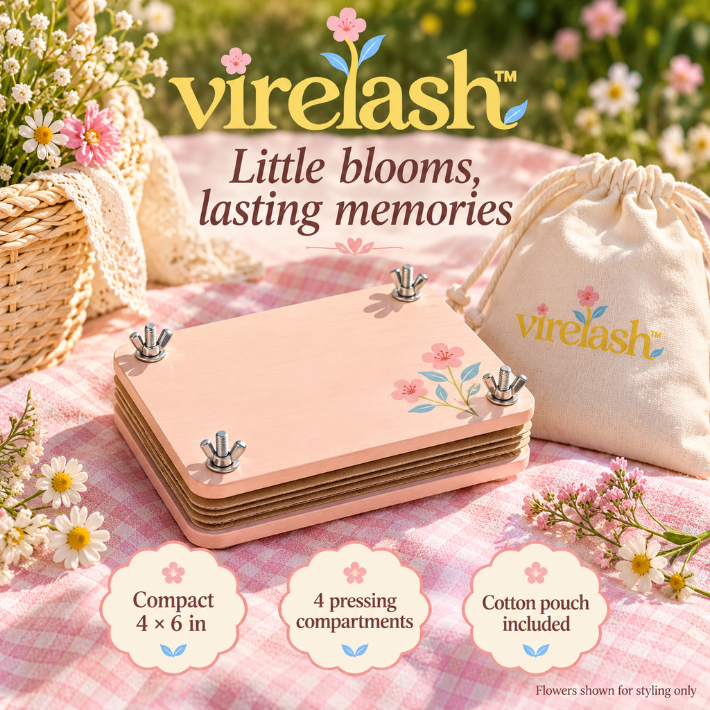 virelash™ PocketPetal Mini Flower Press — 4 × 6-Inch Portable Wooden Leaf & Flower Pressing Kit with Storage Pouch