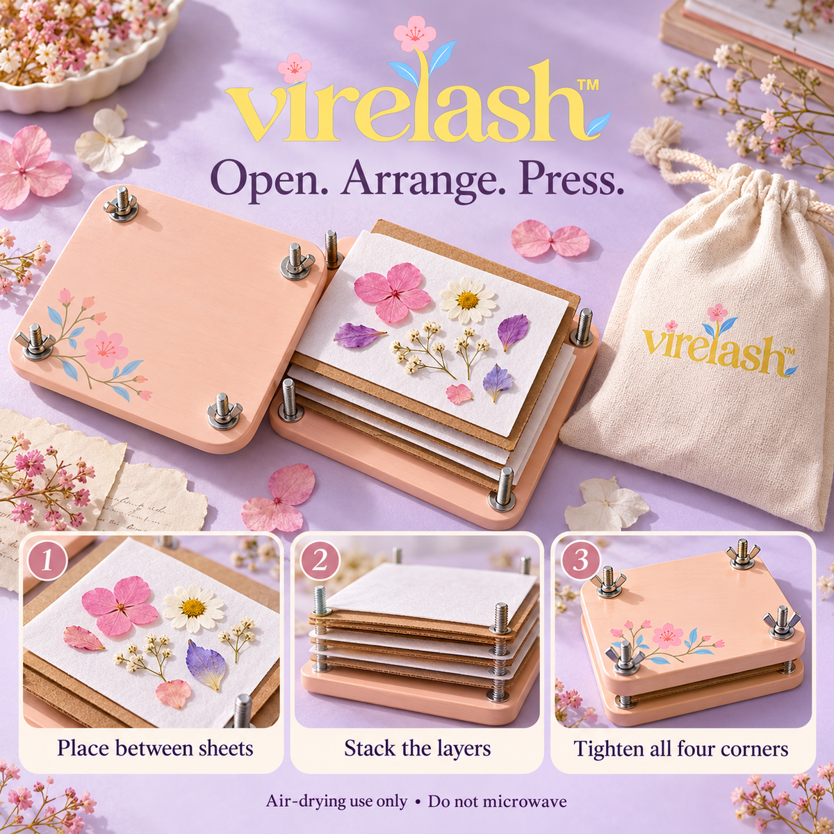 virelash™ PocketPetal Mini Flower Press — 4 × 6-Inch Portable Wooden Leaf & Flower Pressing Kit with Storage Pouch