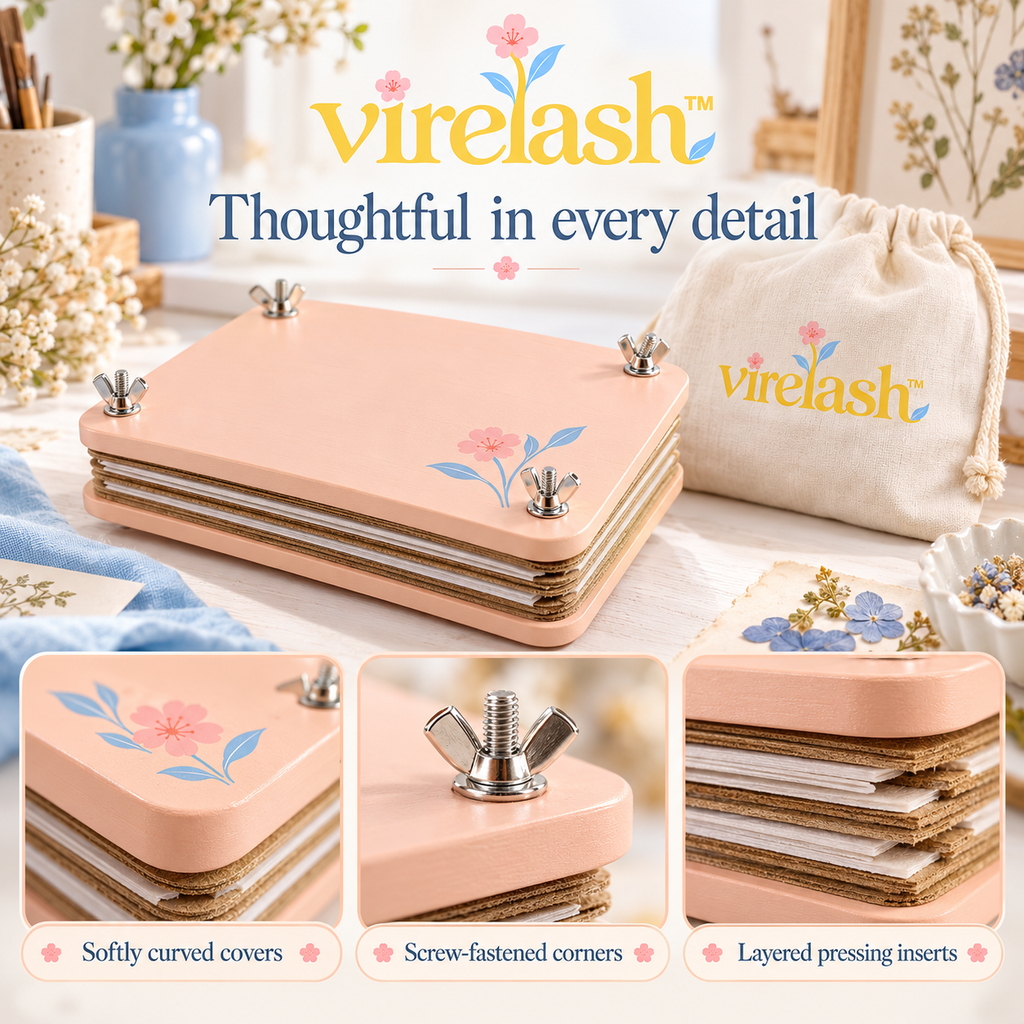 virelash™ PocketPetal Mini Flower Press — 4 × 6-Inch Portable Wooden Leaf & Flower Pressing Kit with Storage Pouch
