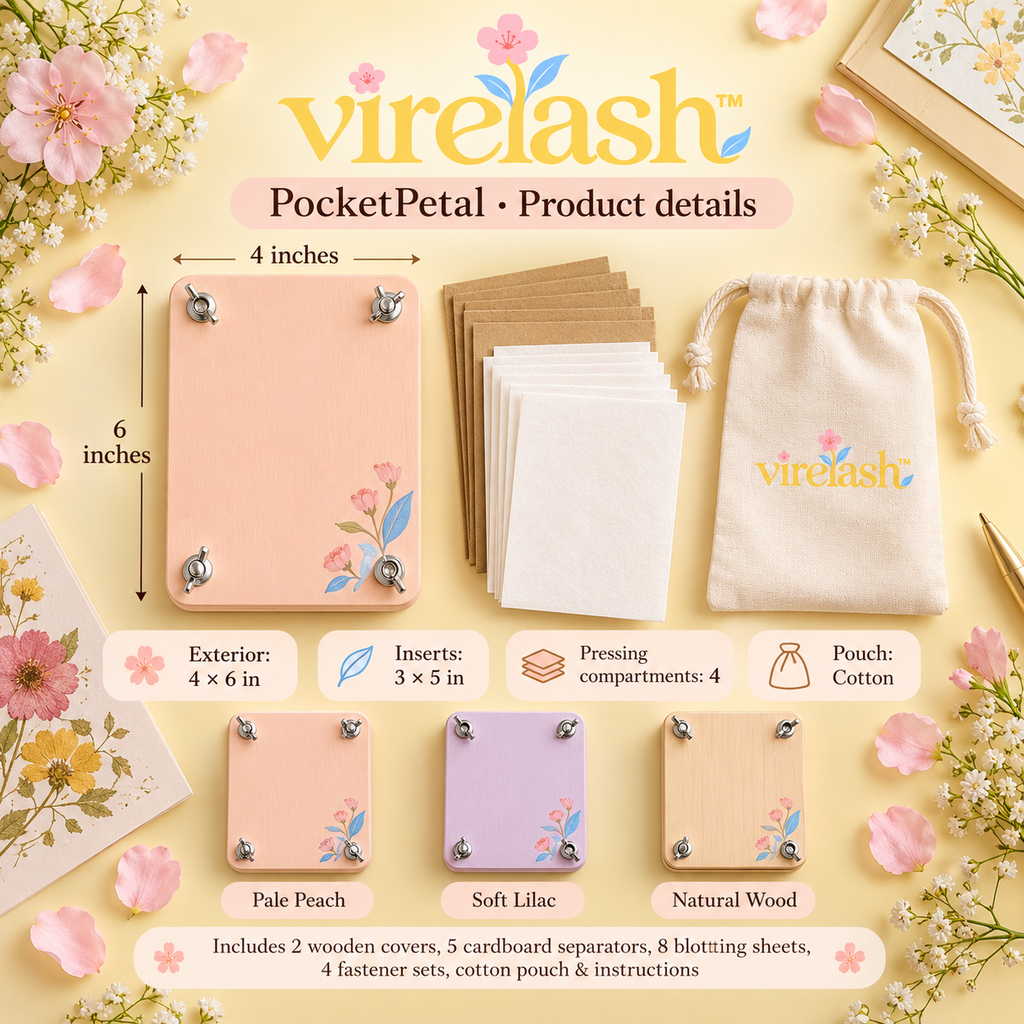 virelash™ PocketPetal Mini Flower Press — 4 × 6-Inch Portable Wooden Leaf & Flower Pressing Kit with Storage Pouch