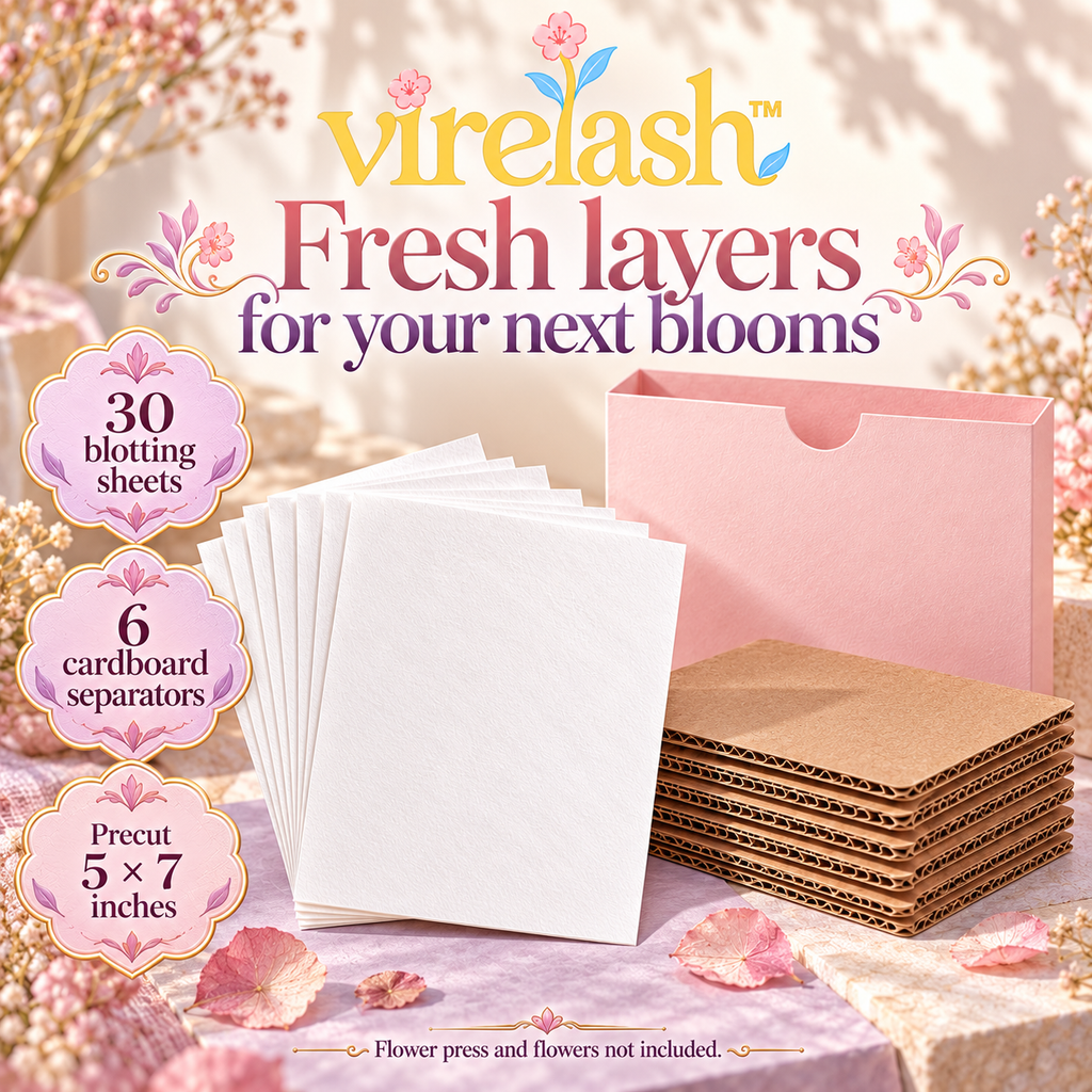 virelash™ PaperNest Flower Press Refill Pack — 30 Blotting Sheets & 6 Cardboard Separators, 5 × 7-Inch Botanical Pressing Supplies