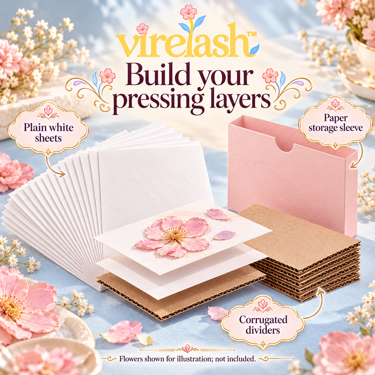 virelash™ PaperNest Flower Press Refill Pack — 30 Blotting Sheets & 6 Cardboard Separators, 5 × 7-Inch Botanical Pressing Supplies