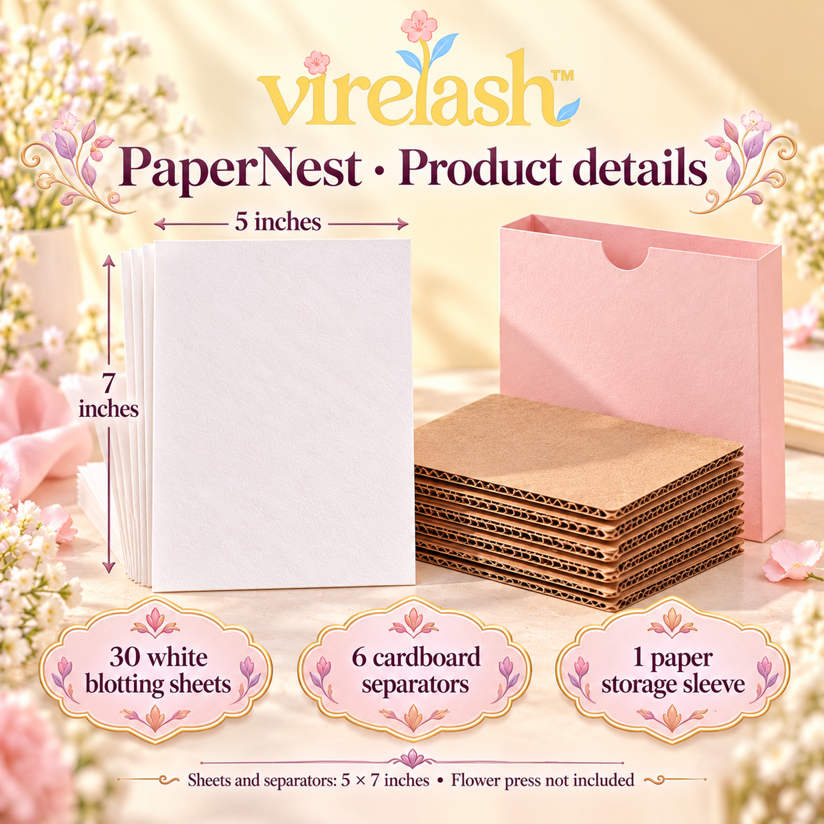 virelash™ PaperNest Flower Press Refill Pack — 30 Blotting Sheets & 6 Cardboard Separators, 5 × 7-Inch Botanical Pressing Supplies