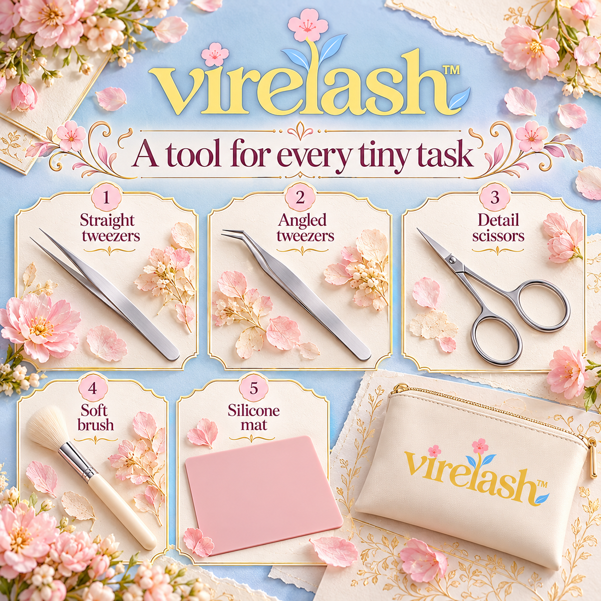virelash™ PetalPlace Precision Tool Set — 5-Piece Pressed Flower Arrangement Kit with Tweezers, Detail Scissors & Silicone Mat