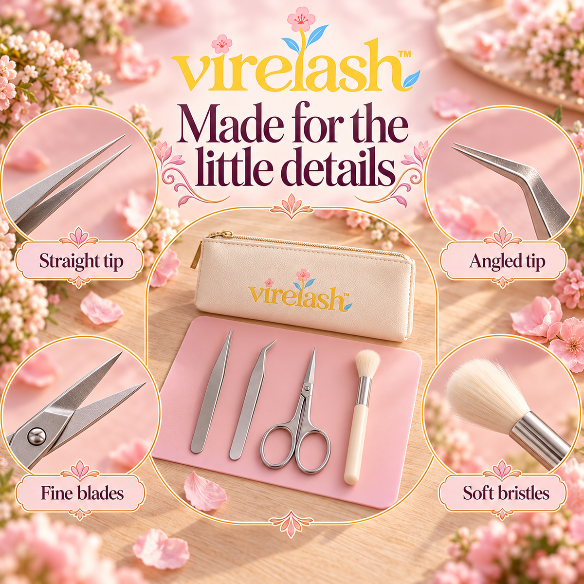 virelash™ PetalPlace Precision Tool Set — 5-Piece Pressed Flower Arrangement Kit with Tweezers, Detail Scissors & Silicone Mat