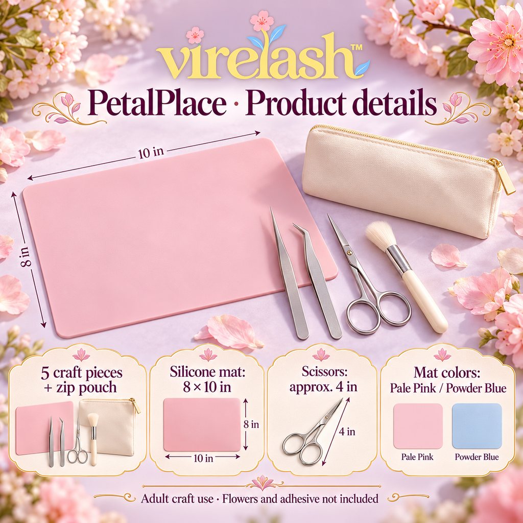 virelash™ PetalPlace Precision Tool Set — 5-Piece Pressed Flower Arrangement Kit with Tweezers, Detail Scissors & Silicone Mat