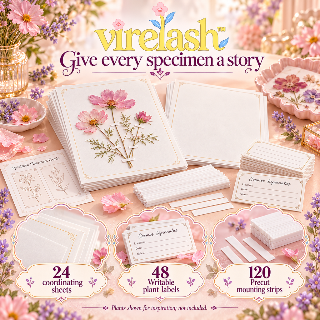 virelash™ StemStory Botanical Mounting Kit — 24 Letter-Size Specimen Sheets, Plant Labels & Paper Mounting Strips