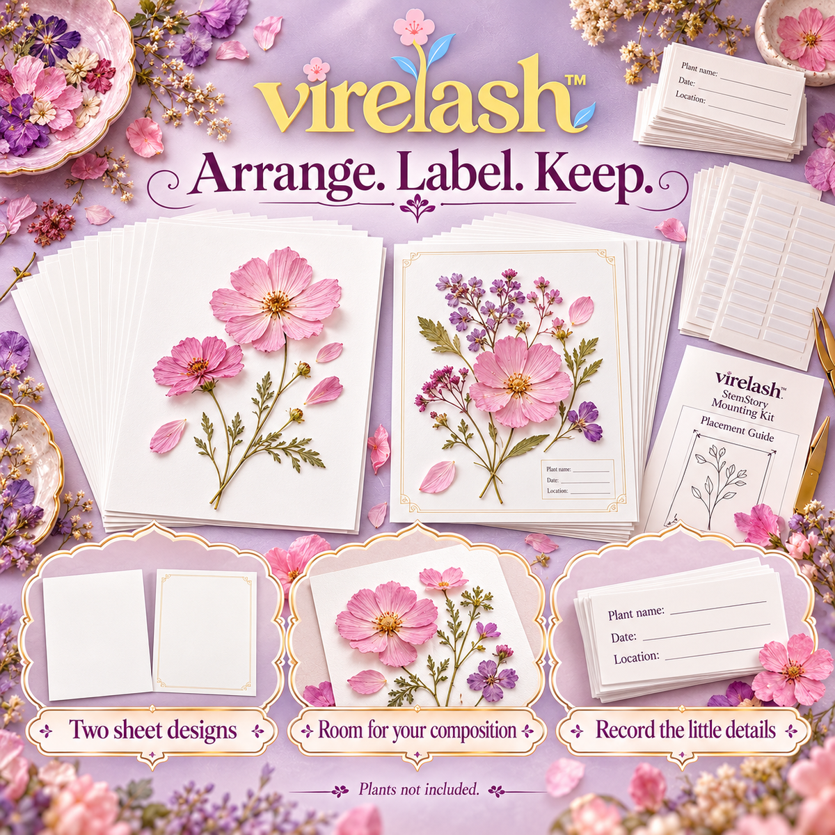 virelash™ StemStory Botanical Mounting Kit — 24 Letter-Size Specimen Sheets, Plant Labels & Paper Mounting Strips