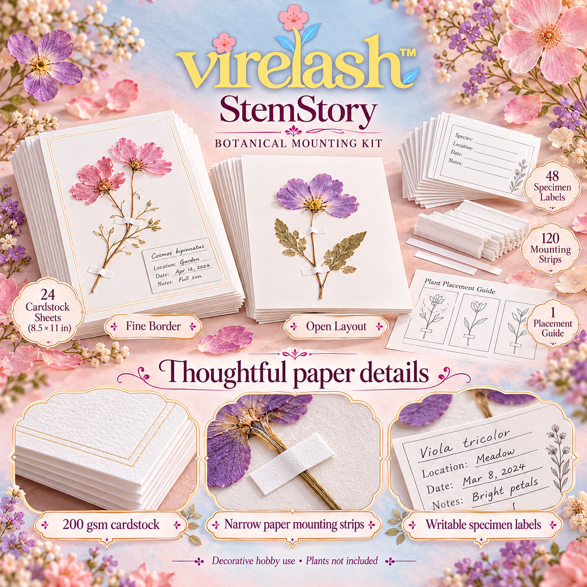 virelash™ StemStory Botanical Mounting Kit — 24 Letter-Size Specimen Sheets, Plant Labels & Paper Mounting Strips