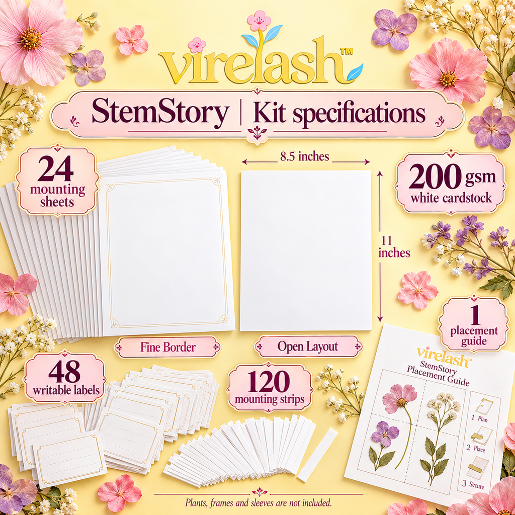 virelash™ StemStory Botanical Mounting Kit — 24 Letter-Size Specimen Sheets, Plant Labels & Paper Mounting Strips