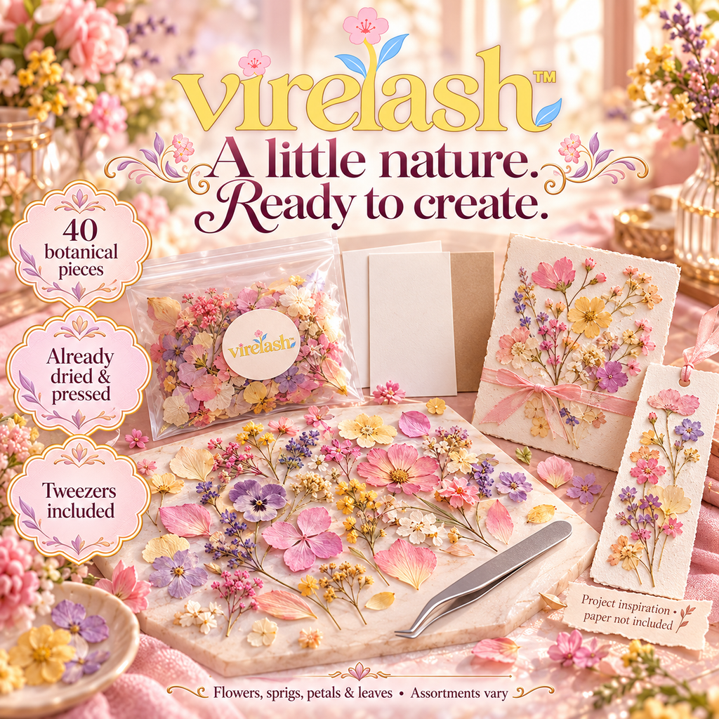 virelash™ PetalPalette Real Pressed Flower Assortment — 40-Piece Dried Botanical Craft Supply Pack with Tweezers
