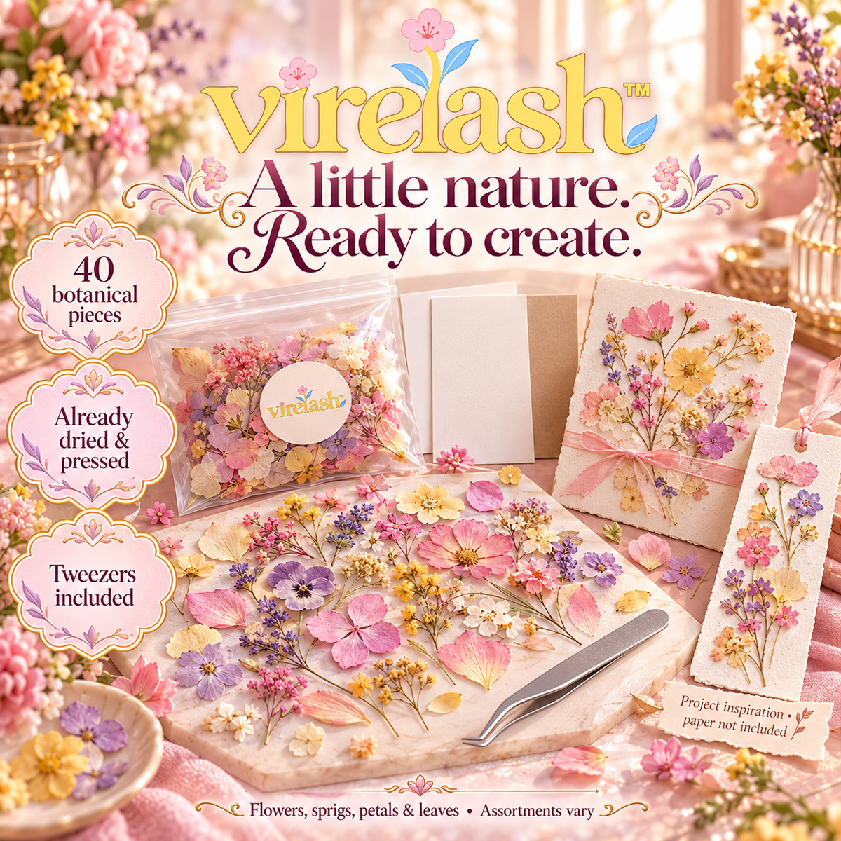 virelash™ PetalPalette Real Pressed Flower Assortment — 40-Piece Dried Botanical Craft Supply Pack with Tweezers