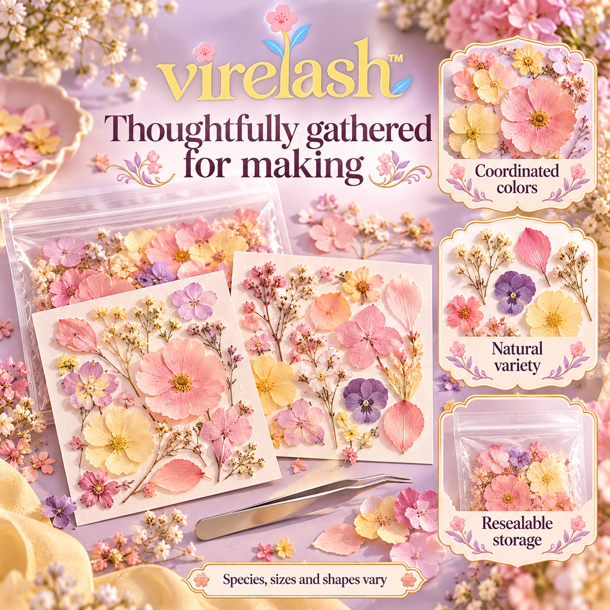 virelash™ PetalPalette Real Pressed Flower Assortment — 40-Piece Dried Botanical Craft Supply Pack with Tweezers