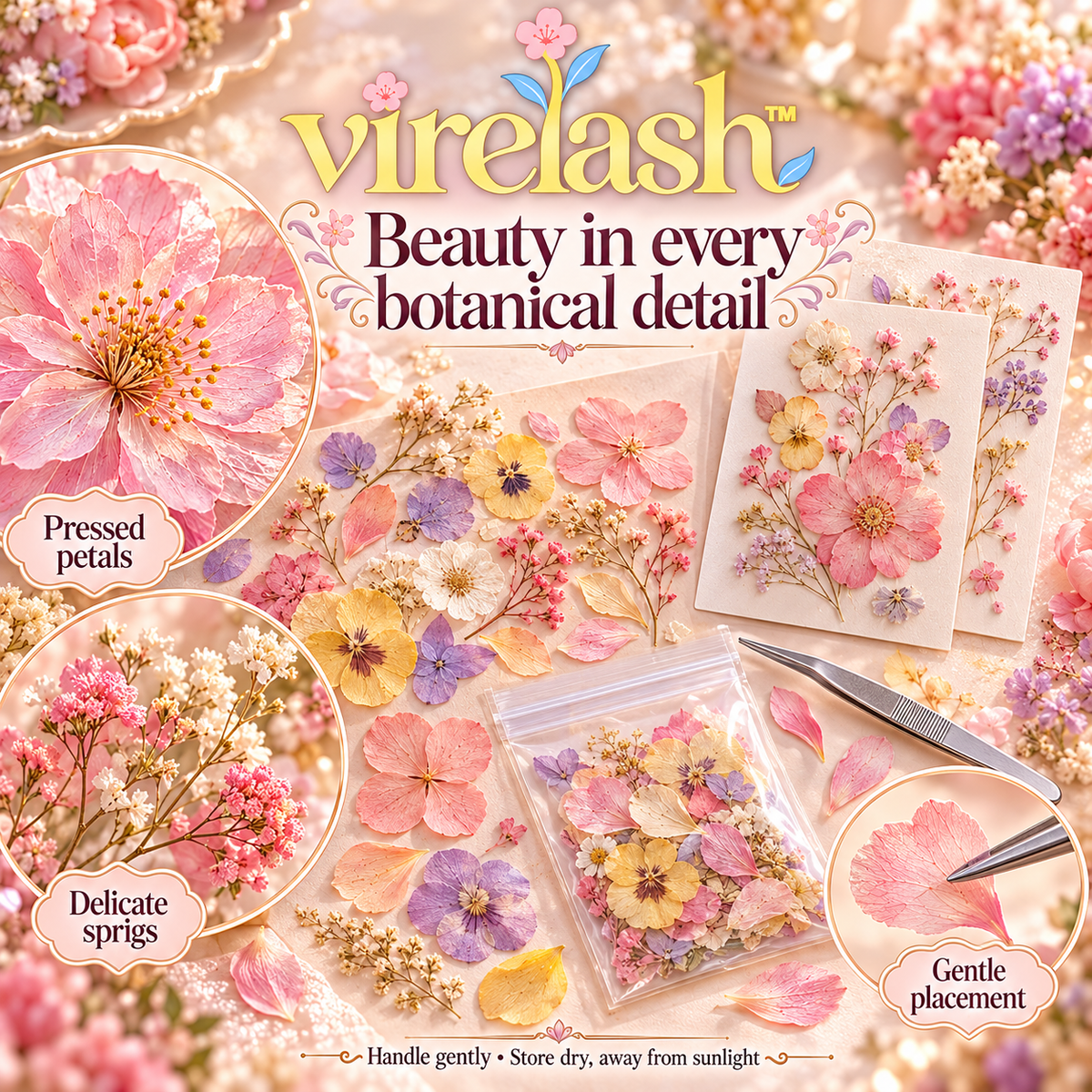 virelash™ PetalPalette Real Pressed Flower Assortment — 40-Piece Dried Botanical Craft Supply Pack with Tweezers
