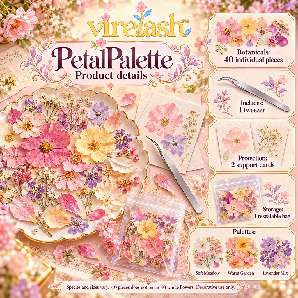 virelash™ PetalPalette Real Pressed Flower Assortment — 40-Piece Dried Botanical Craft Supply Pack with Tweezers