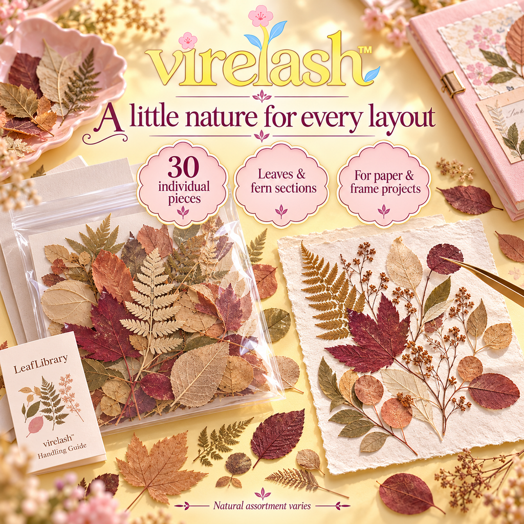 virelash™ LeafLibrary Pressed Foliage Pack — 30 Assorted Dried Leaves & Fern Pieces for Herbarium Art, Scrapbooking & Botanical Frames