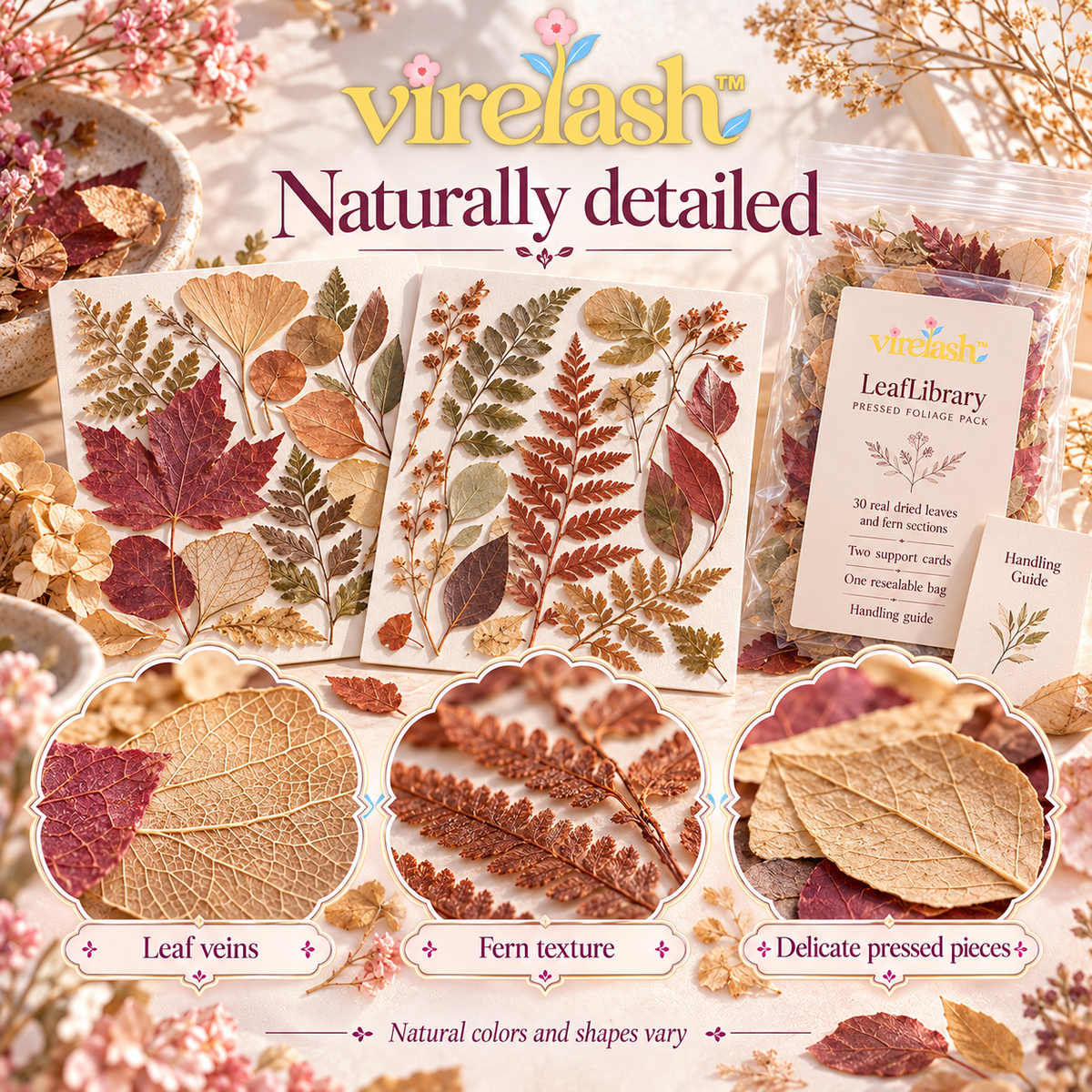 virelash™ LeafLibrary Pressed Foliage Pack — 30 Assorted Dried Leaves & Fern Pieces for Herbarium Art, Scrapbooking & Botanical Frames