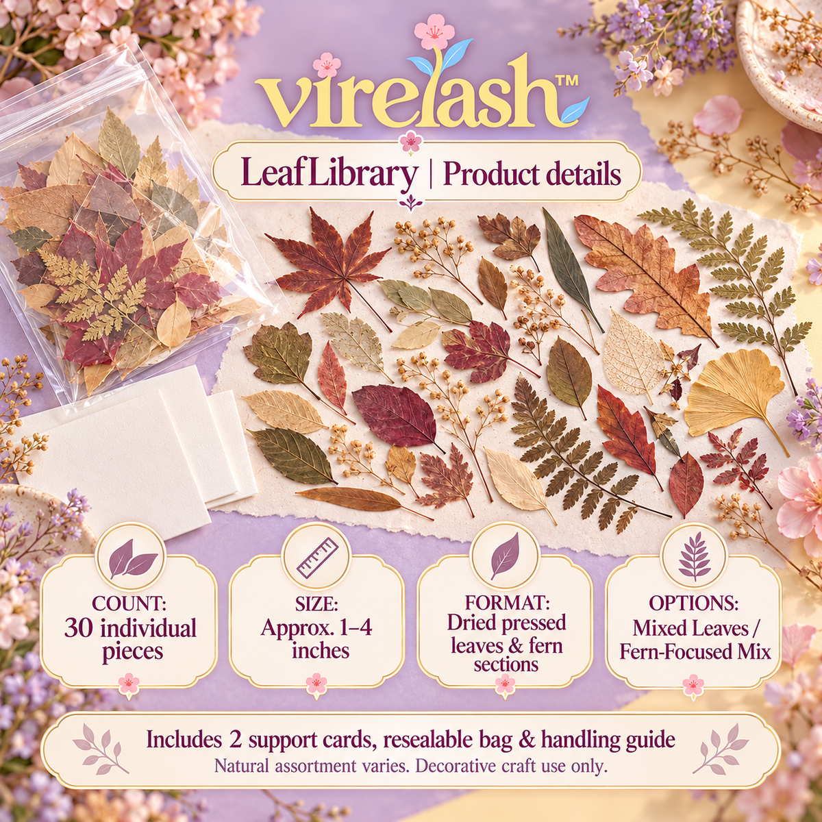 virelash™ LeafLibrary Pressed Foliage Pack — 30 Assorted Dried Leaves & Fern Pieces for Herbarium Art, Scrapbooking & Botanical Frames