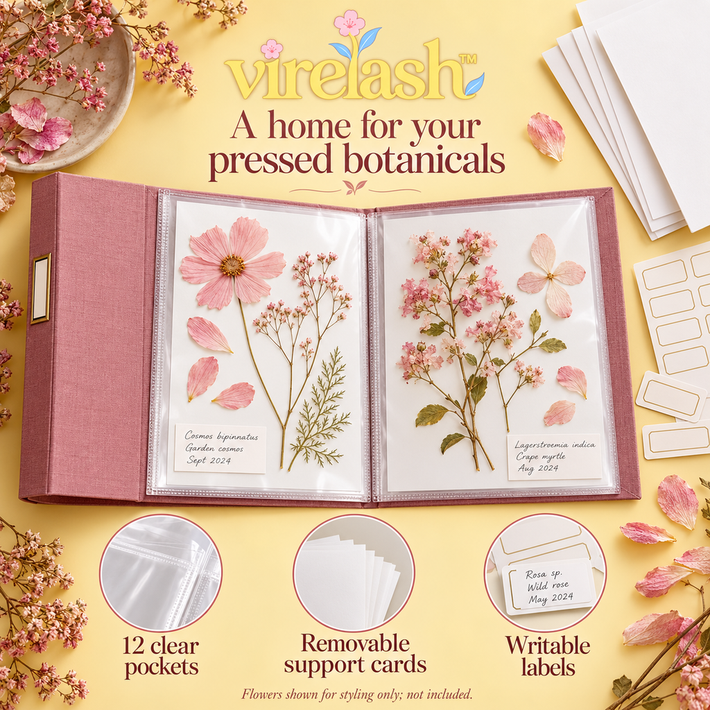 virelash™ SpecimenFile Botanical Storage Folder — 12 Letter-Size Pockets with Support Cards & Pressed Flower Labels