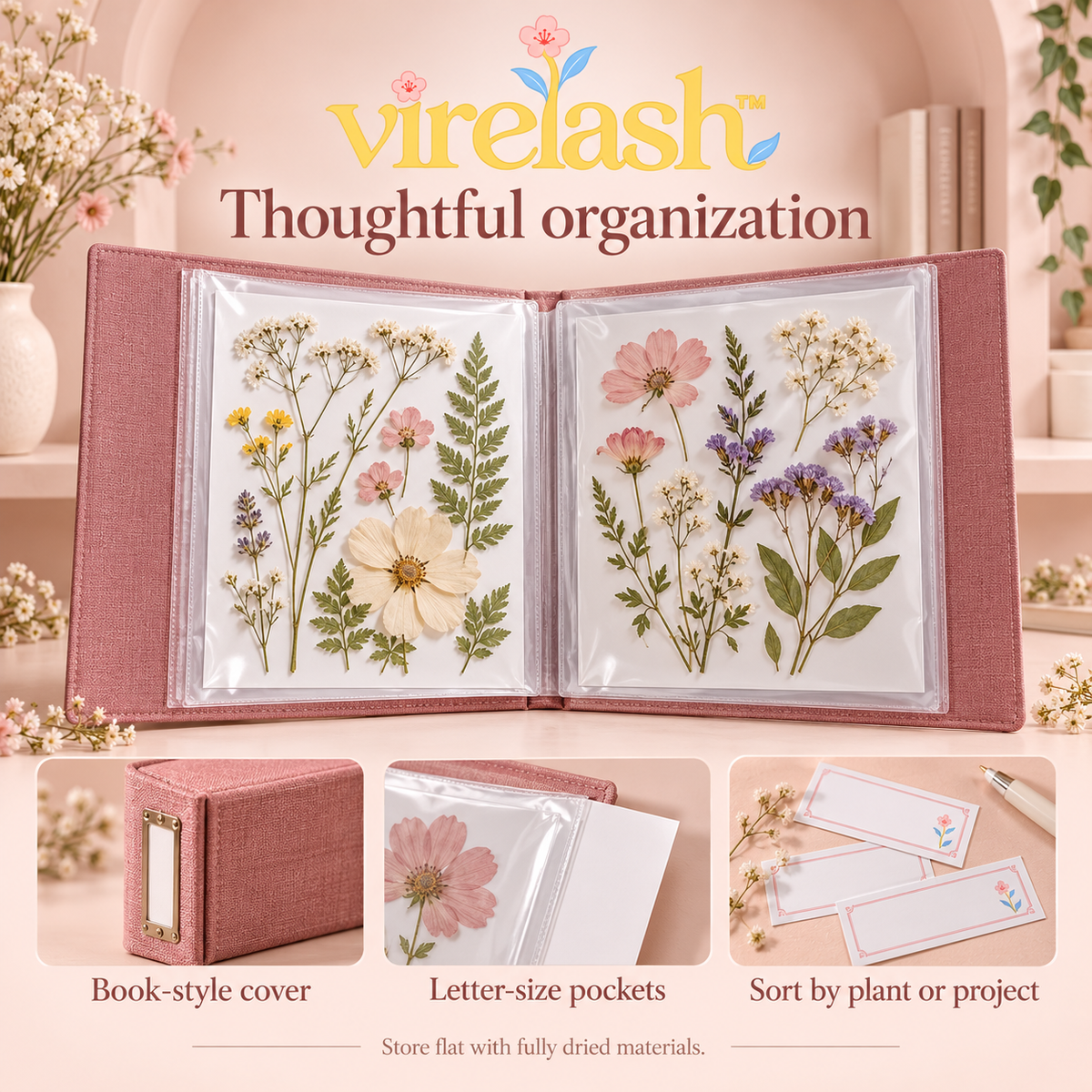 virelash™ SpecimenFile Botanical Storage Folder — 12 Letter-Size Pockets with Support Cards & Pressed Flower Labels