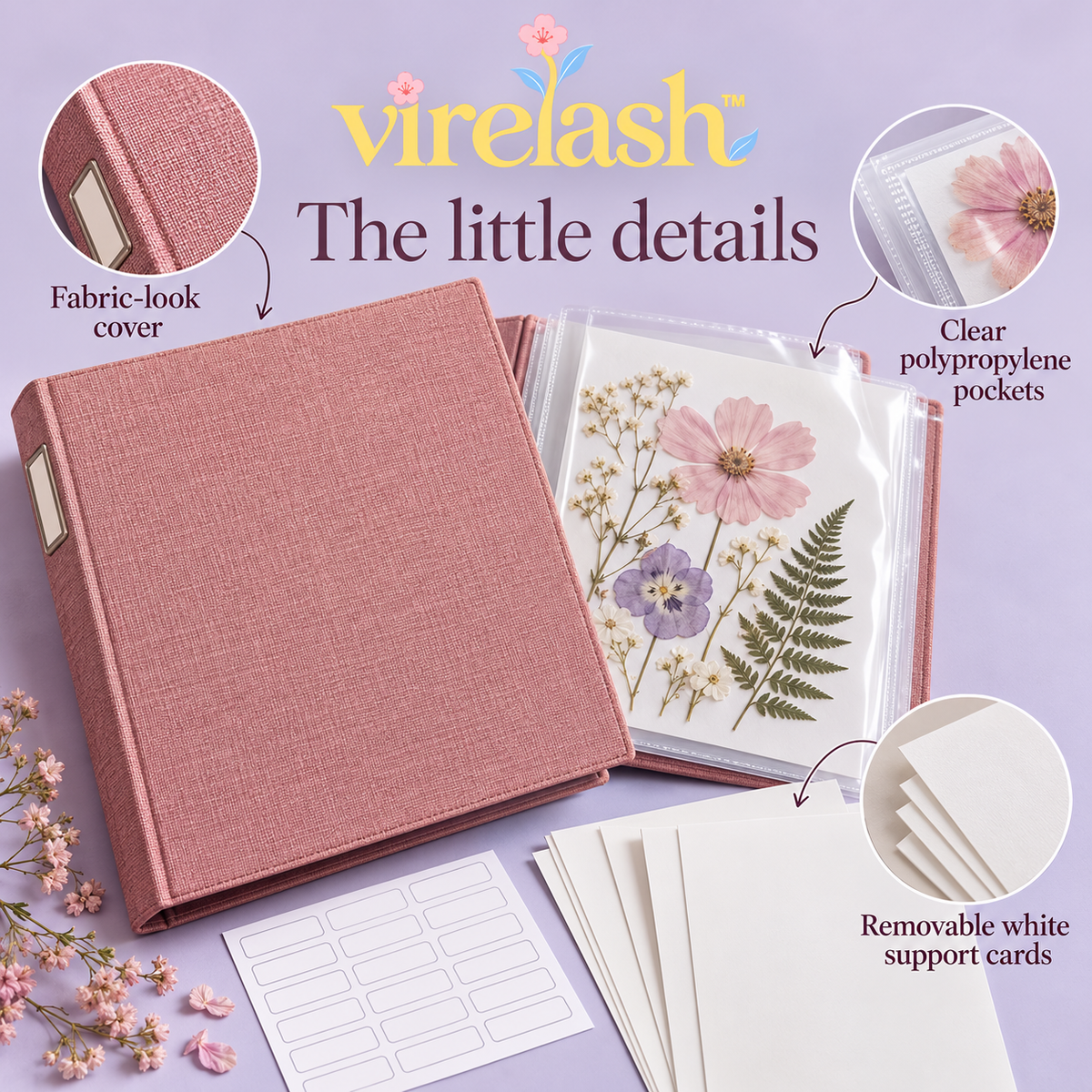 virelash™ SpecimenFile Botanical Storage Folder — 12 Letter-Size Pockets with Support Cards & Pressed Flower Labels