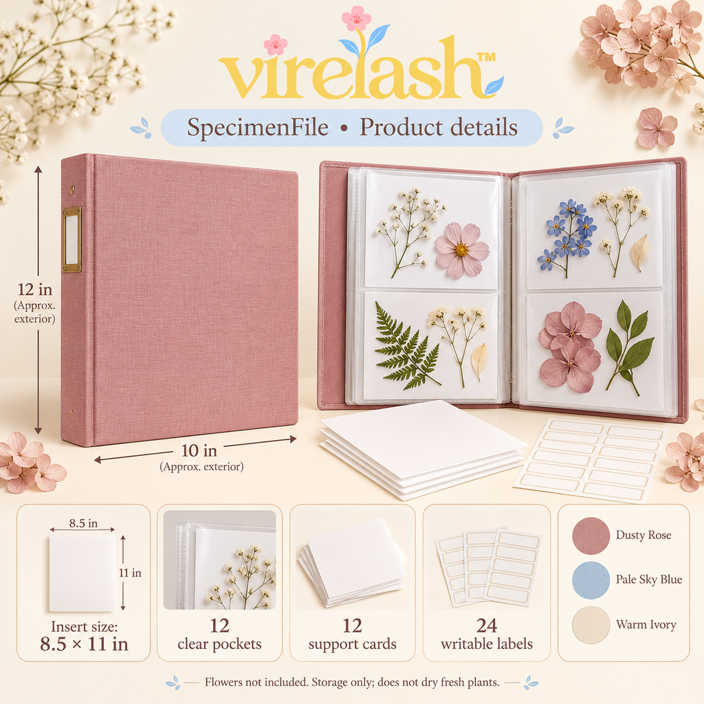 virelash™ SpecimenFile Botanical Storage Folder — 12 Letter-Size Pockets with Support Cards & Pressed Flower Labels