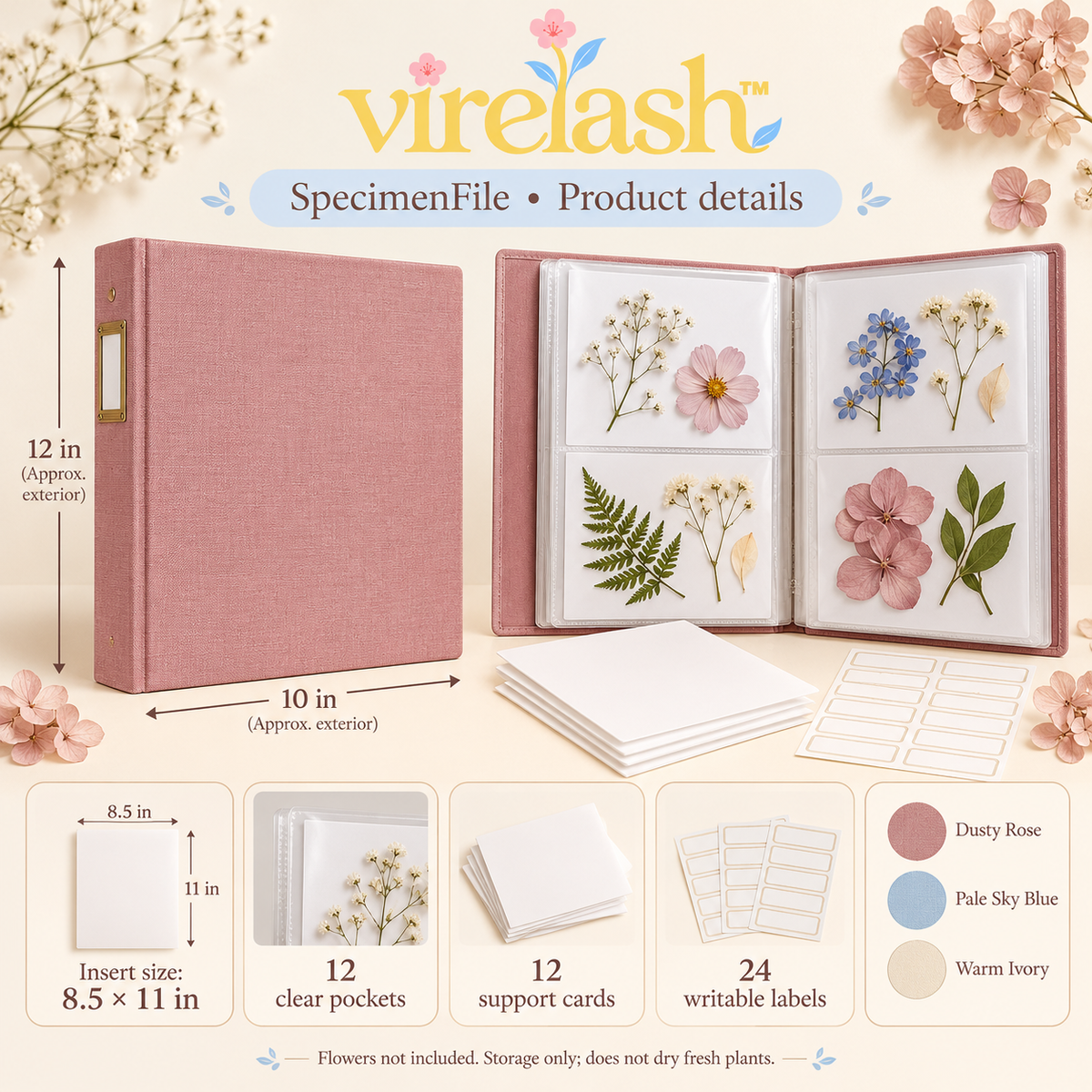 virelash™ SpecimenFile Botanical Storage Folder — 12 Letter-Size Pockets with Support Cards & Pressed Flower Labels