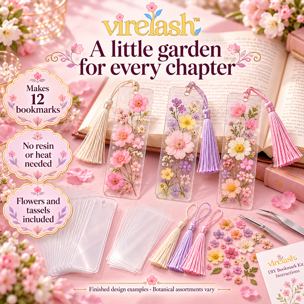 virelash™ PagePetal Pressed Flower Bookmark Kit — Make 12 Clear Botanical Bookmarks with Self-Adhesive Covers & Tassels