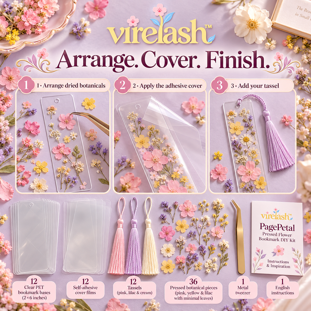 virelash™ PagePetal Pressed Flower Bookmark Kit — Make 12 Clear Botanical Bookmarks with Self-Adhesive Covers & Tassels