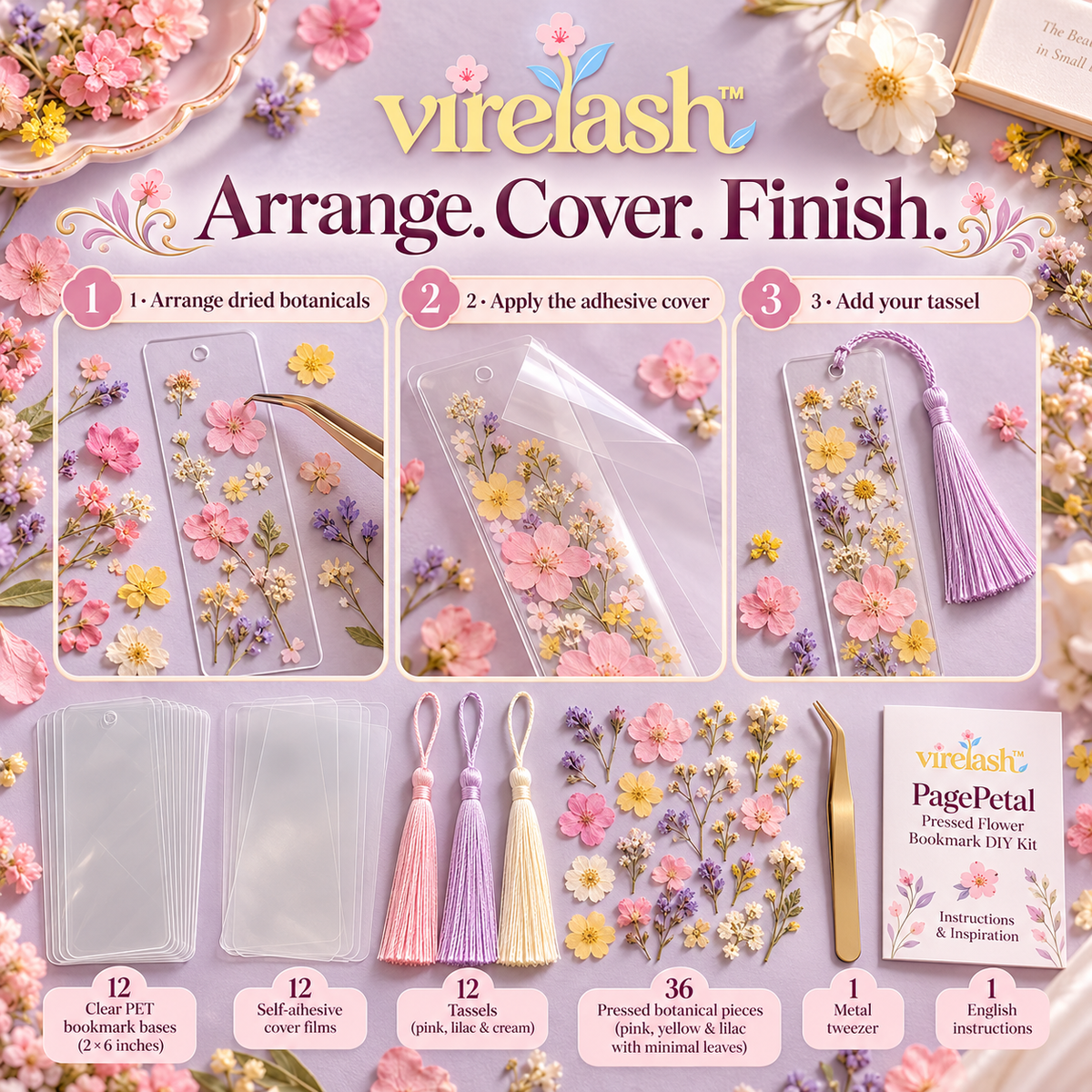 virelash™ PagePetal Pressed Flower Bookmark Kit — Make 12 Clear Botanical Bookmarks with Self-Adhesive Covers & Tassels