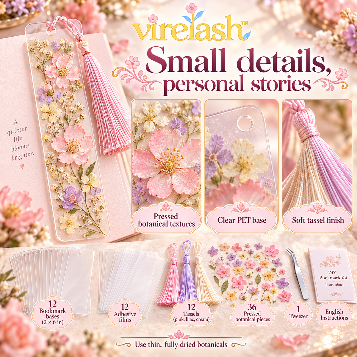 virelash™ PagePetal Pressed Flower Bookmark Kit — Make 12 Clear Botanical Bookmarks with Self-Adhesive Covers & Tassels