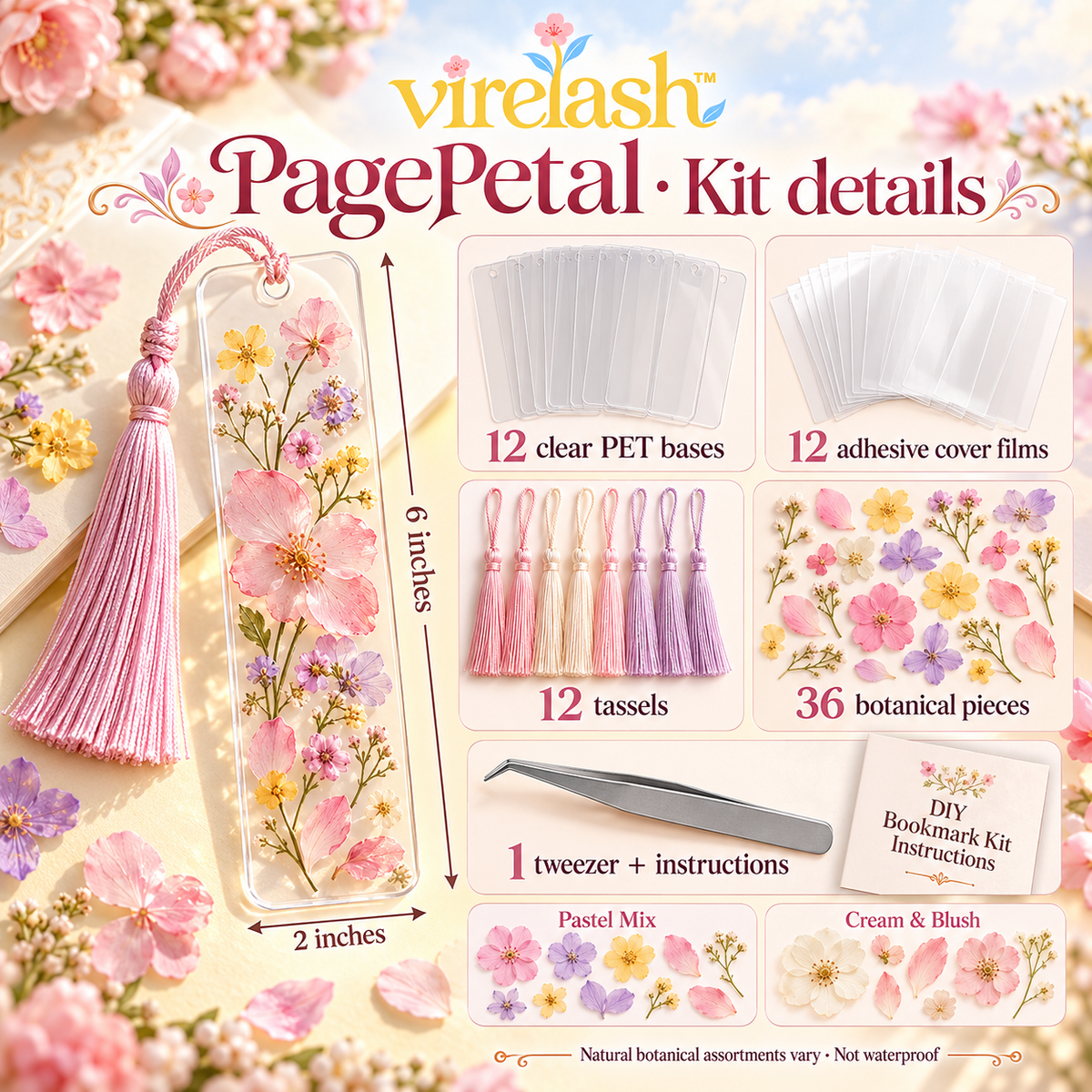 virelash™ PagePetal Pressed Flower Bookmark Kit — Make 12 Clear Botanical Bookmarks with Self-Adhesive Covers & Tassels