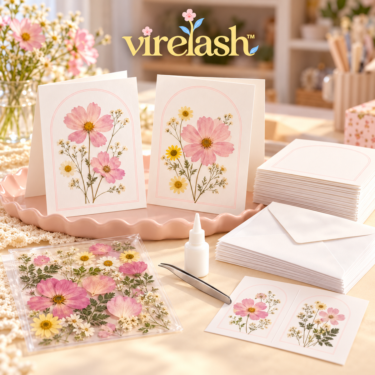 virelash™ BloomLetter Pressed Flower Card Making Kit — 12 Blank Greeting Cards, Envelopes & Dried Botanical Embellishments