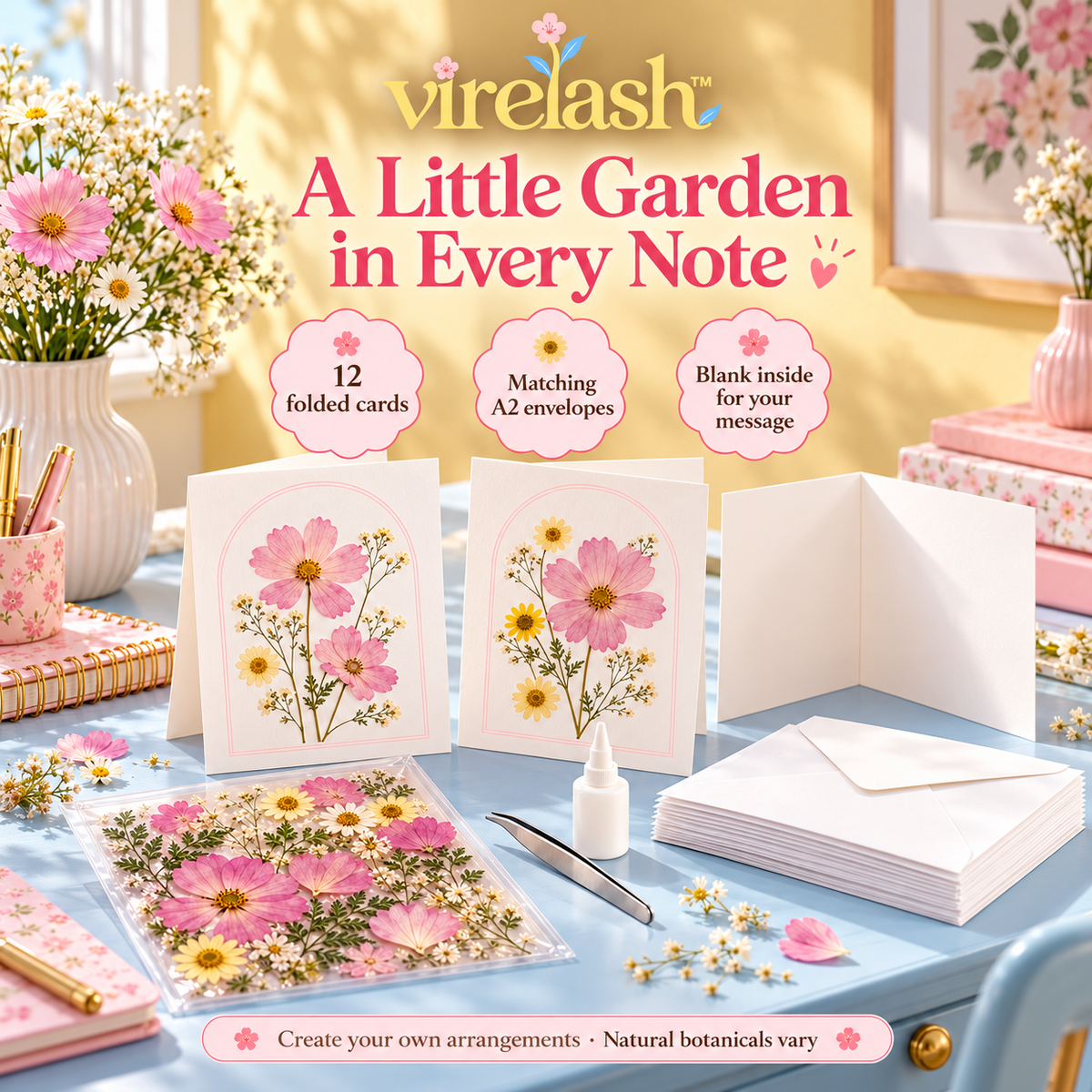 virelash™ BloomLetter Pressed Flower Card Making Kit — 12 Blank Greeting Cards, Envelopes & Dried Botanical Embellishments