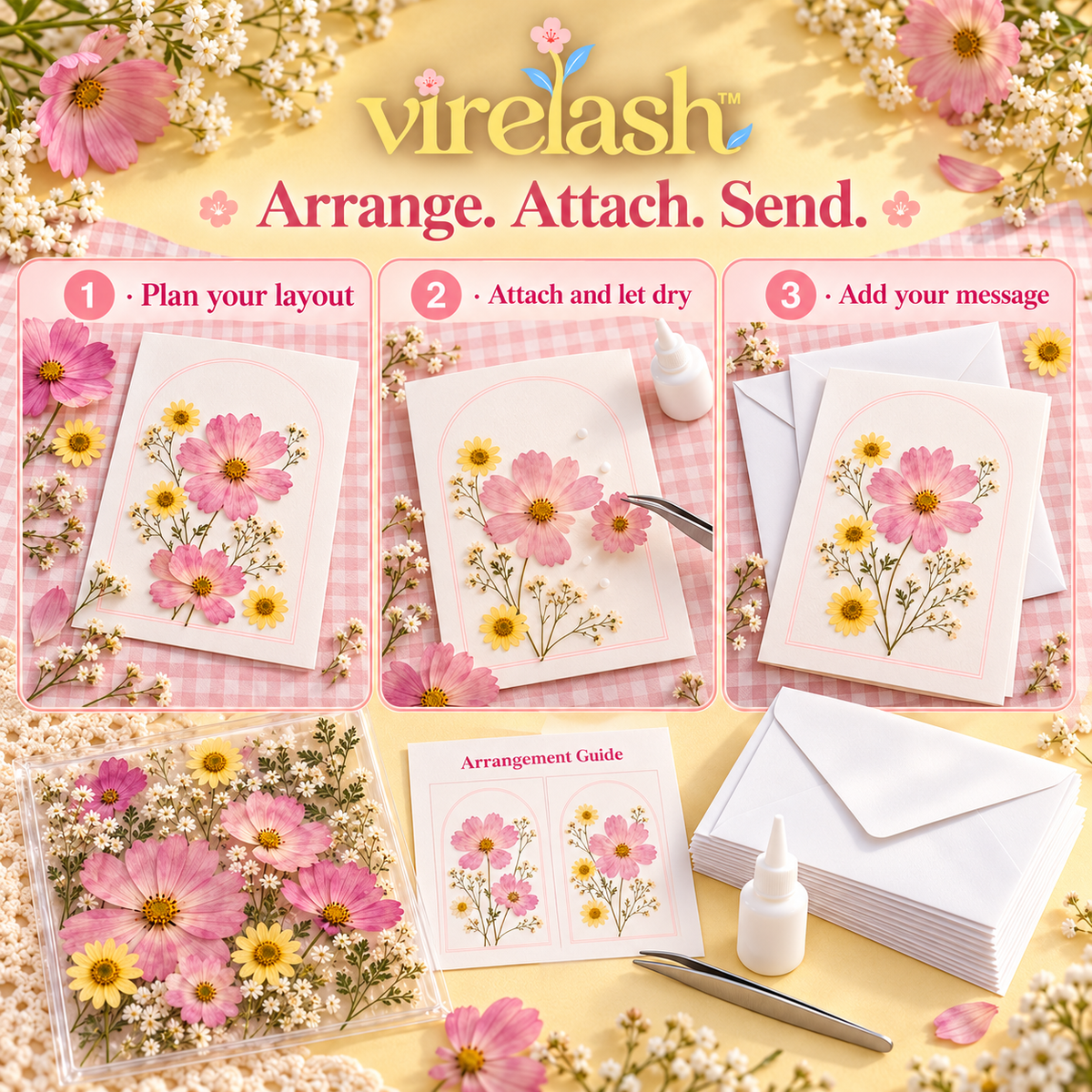 virelash™ BloomLetter Pressed Flower Card Making Kit — 12 Blank Greeting Cards, Envelopes & Dried Botanical Embellishments