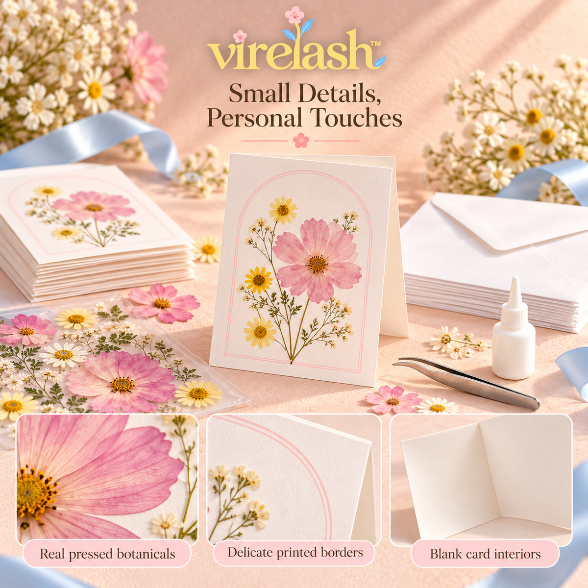 virelash™ BloomLetter Pressed Flower Card Making Kit — 12 Blank Greeting Cards, Envelopes & Dried Botanical Embellishments