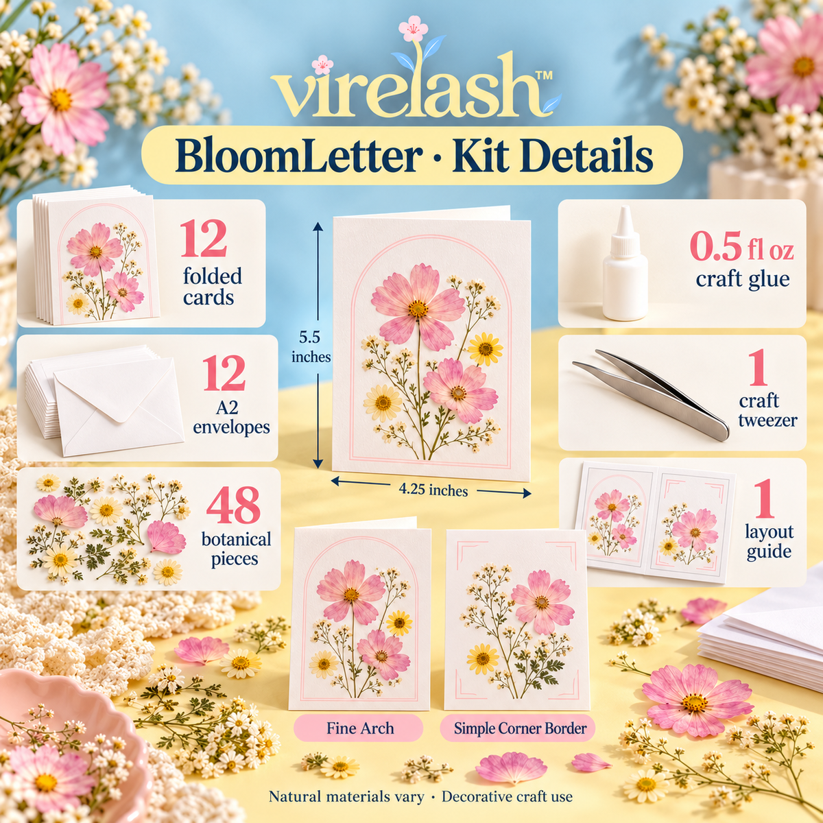 virelash™ BloomLetter Pressed Flower Card Making Kit — 12 Blank Greeting Cards, Envelopes & Dried Botanical Embellishments