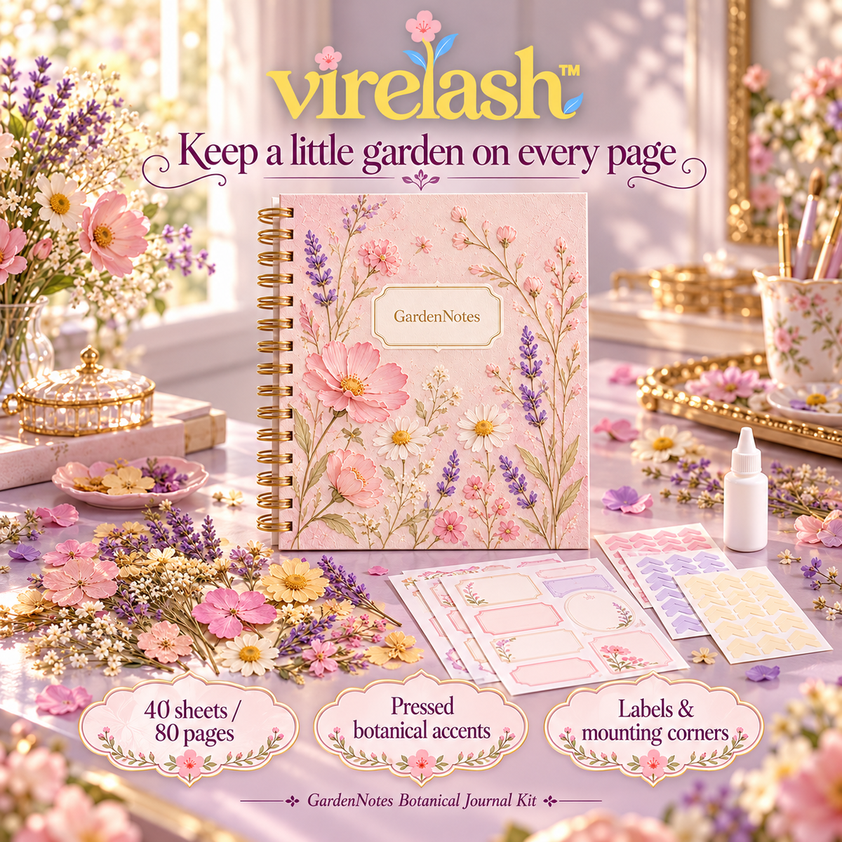 virelash™ GardenNotes Botanical Journal Kit — 7 × 9-Inch Spiral Scrapbook with Pressed Flowers, Labels & Mounting Corners
