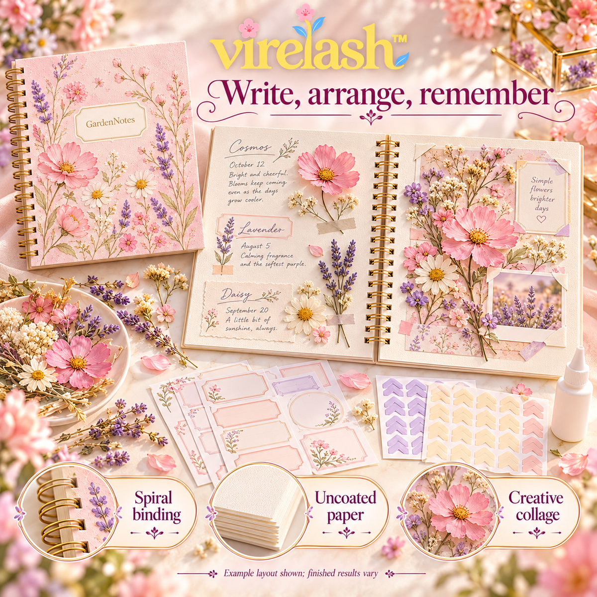 virelash™ GardenNotes Botanical Journal Kit — 7 × 9-Inch Spiral Scrapbook with Pressed Flowers, Labels & Mounting Corners
