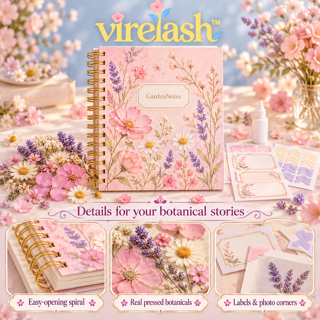 virelash™ GardenNotes Botanical Journal Kit — 7 × 9-Inch Spiral Scrapbook with Pressed Flowers, Labels & Mounting Corners