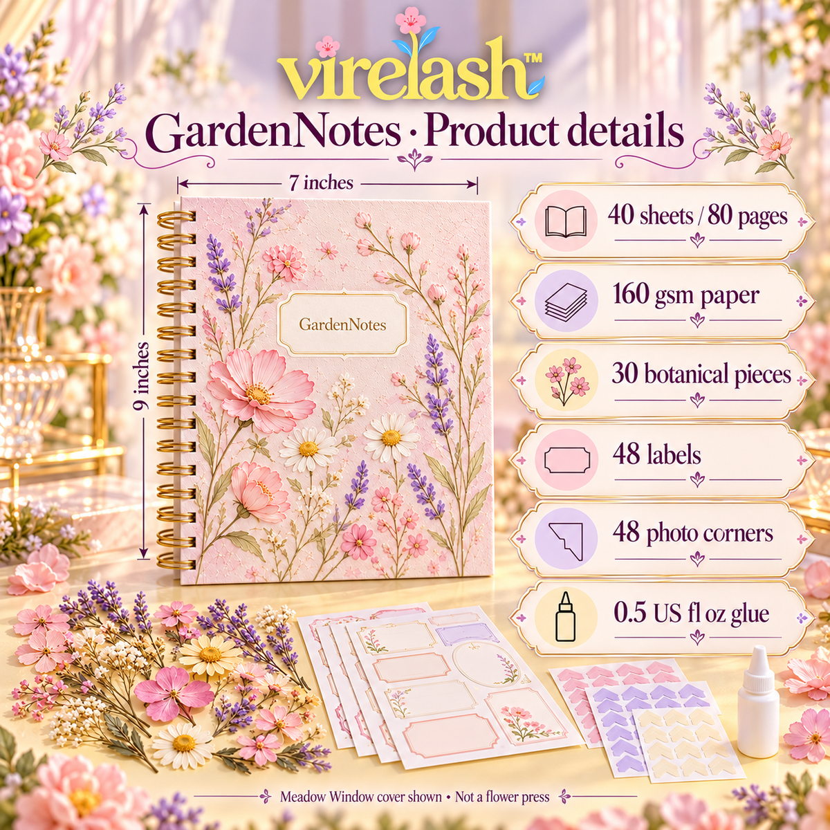 virelash™ GardenNotes Botanical Journal Kit — 7 × 9-Inch Spiral Scrapbook with Pressed Flowers, Labels & Mounting Corners