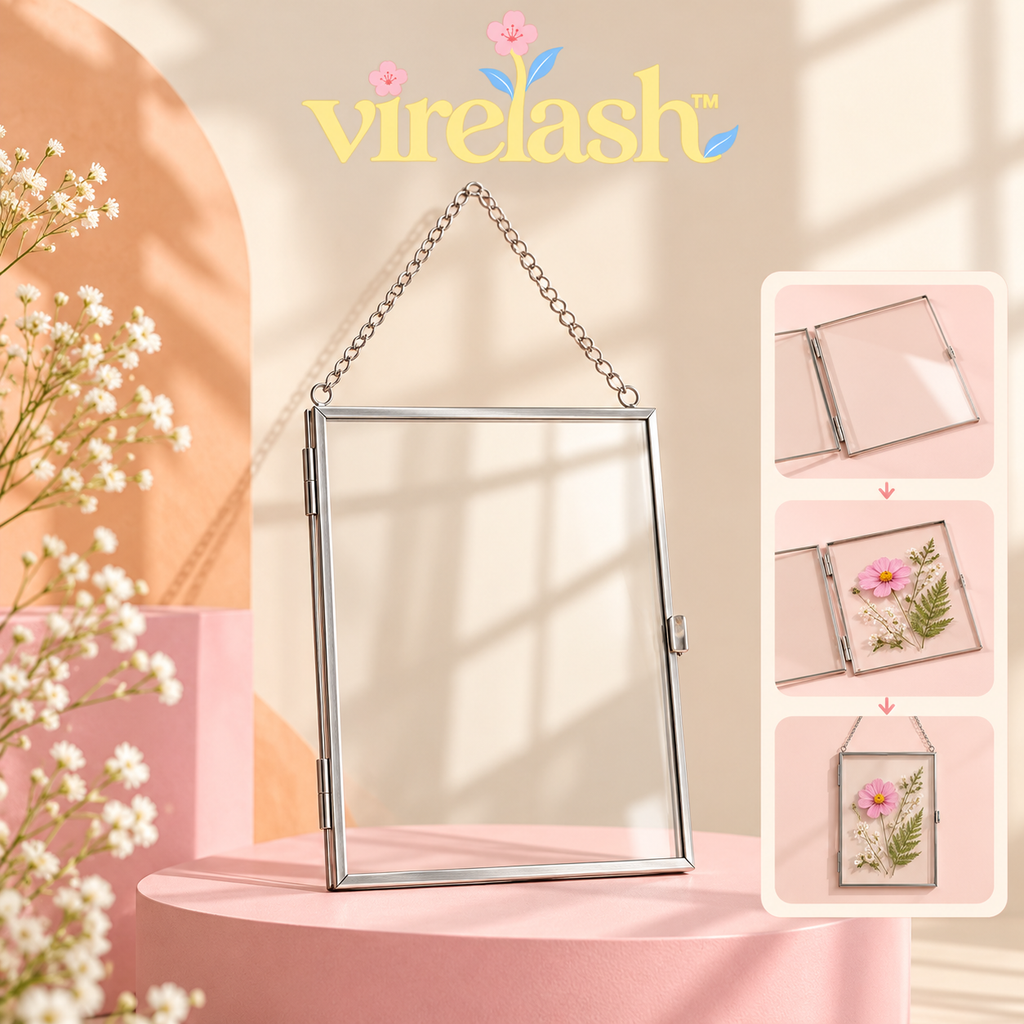 virelash™ PetalPane Floating Glass Frame — 5 × 7-Inch Hanging Pressed Flower Display with Hinged Metal Border