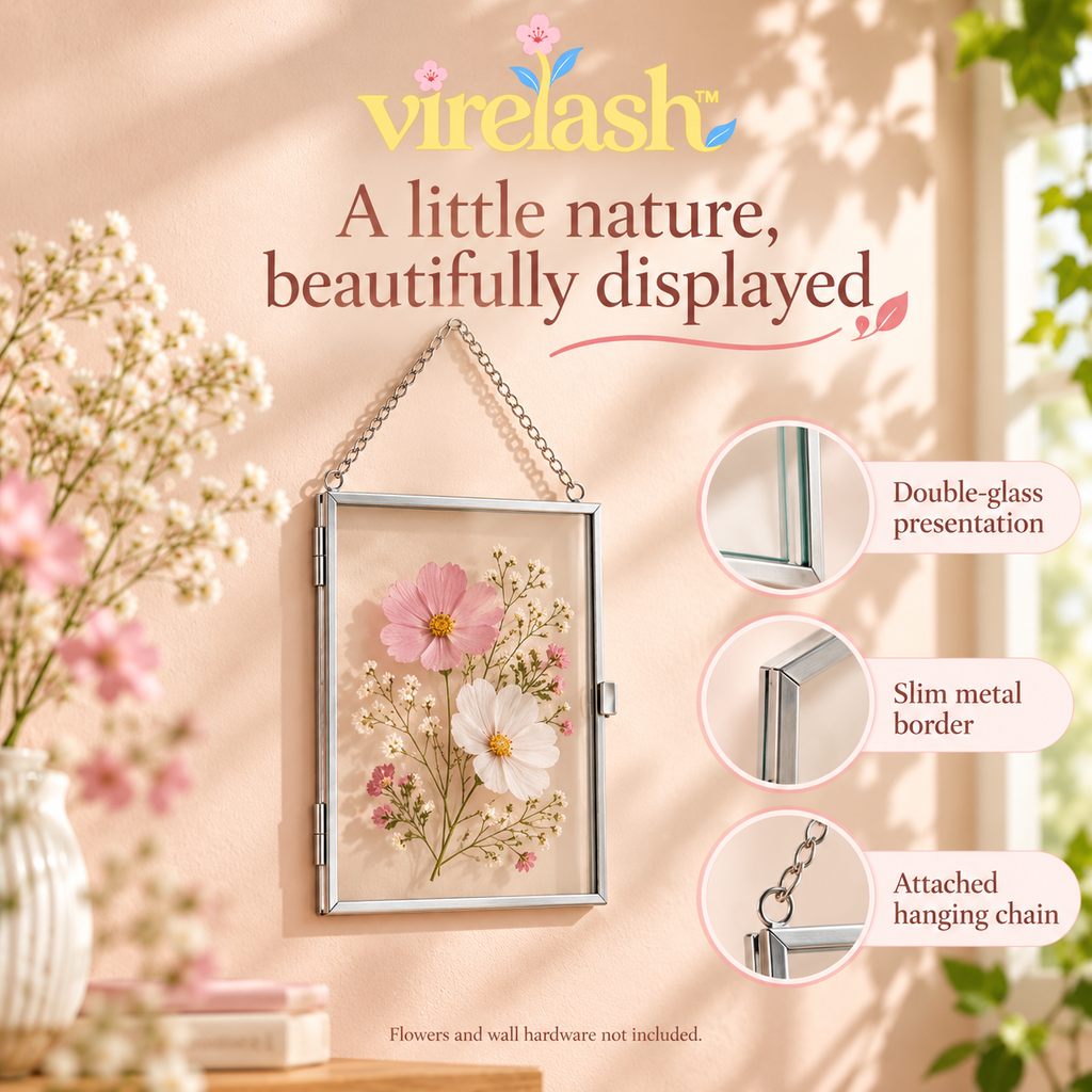 virelash™ PetalPane Floating Glass Frame — 5 × 7-Inch Hanging Pressed Flower Display with Hinged Metal Border